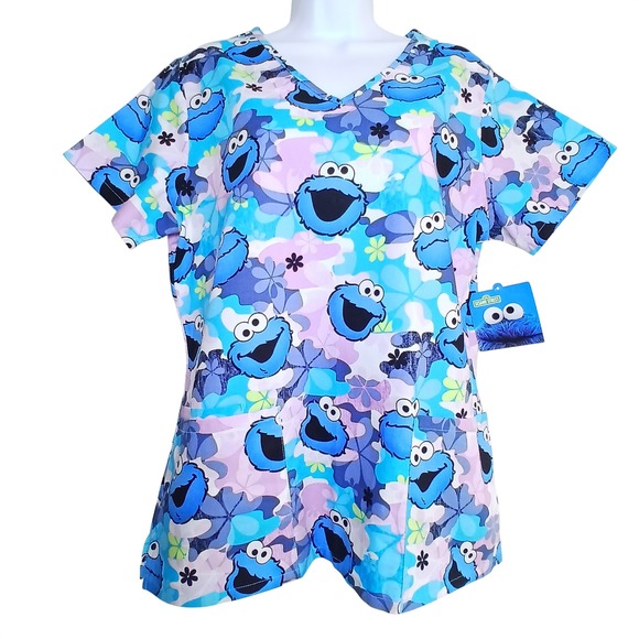 Sesame Street Tops - Sesame Street Cookie Monster Women S Scrub Top Cotton Floral Kidcore Y2K Medical